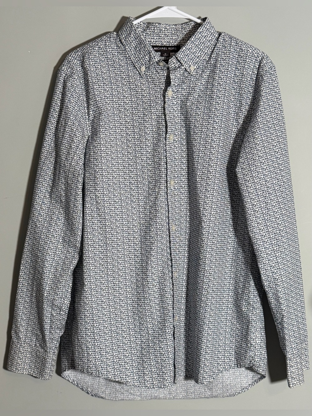 Michael Kors Men's Navy & White Micro-Pattern Logo Button-Down Shirt Size M